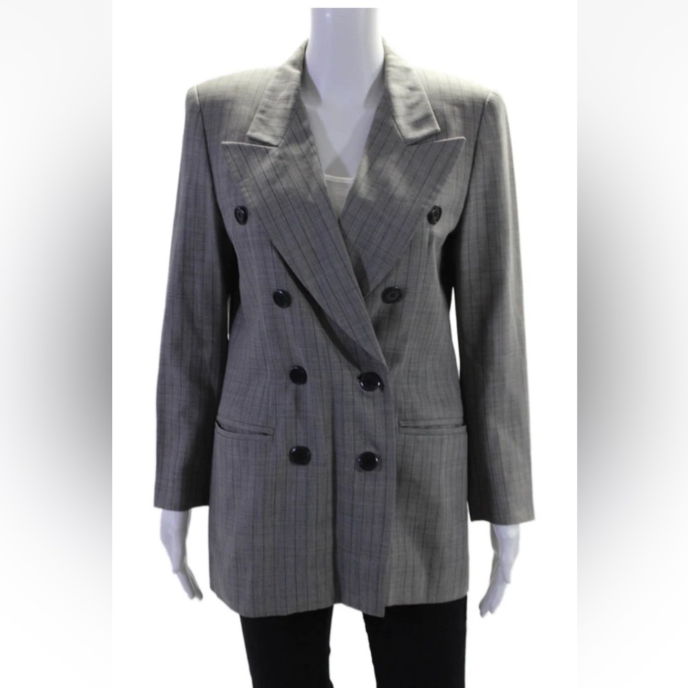 Vintage Escada Gray Pinstripe Double-Breasted Blazer with Peaked Lapels Sz 36